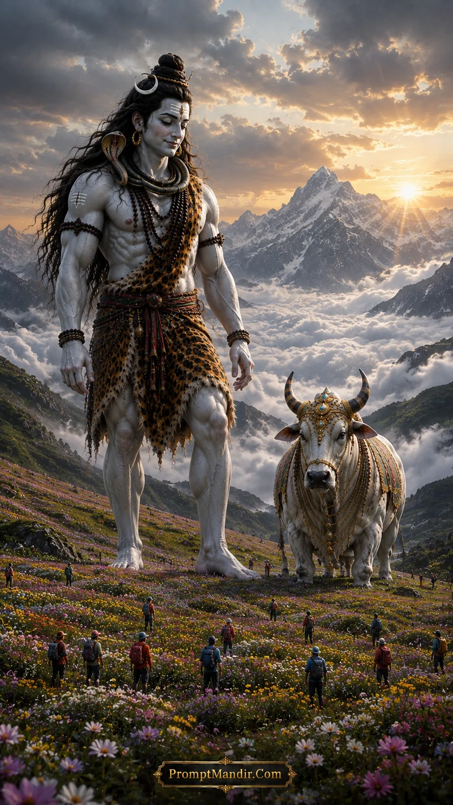 A giant Lord Shiva and Nandi standing in a vast alpine meadow filled with colorful flowers, with tourists and a snowy mountain in the background