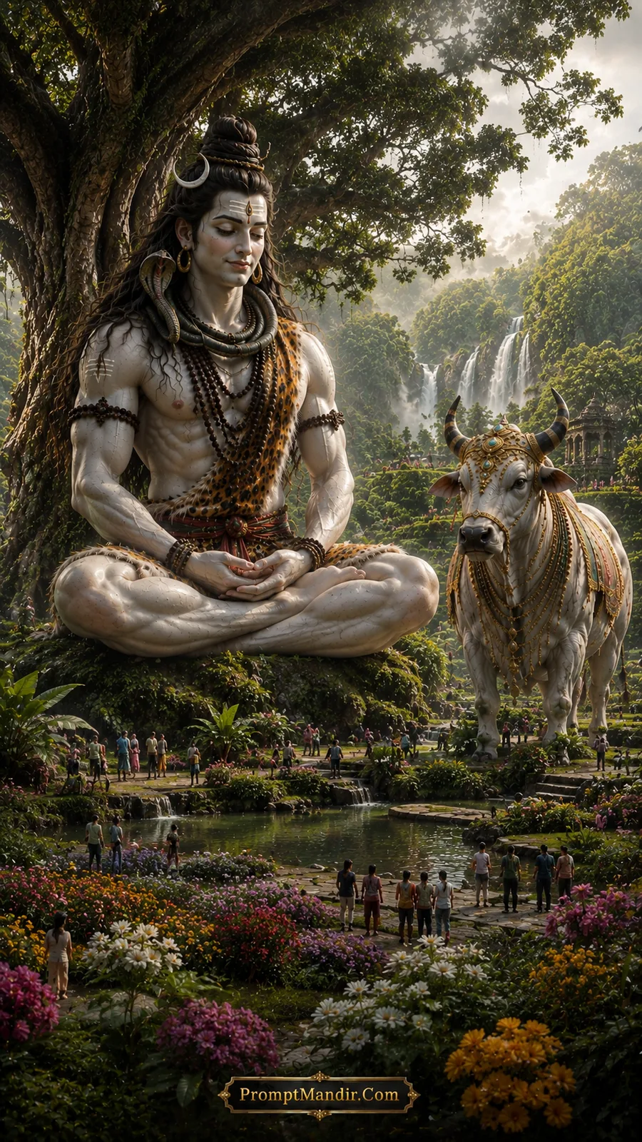 A giant Lord Shiva meditating under a large tree in a lush garden, with a pond and waterfalls, while tourists stroll around
