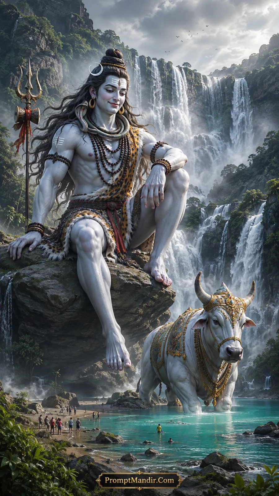 A giant Lord Shiva sitting on a large rock by a turquoise lake, with a waterfall and Nandi beside him, as tiny people swim and walk below