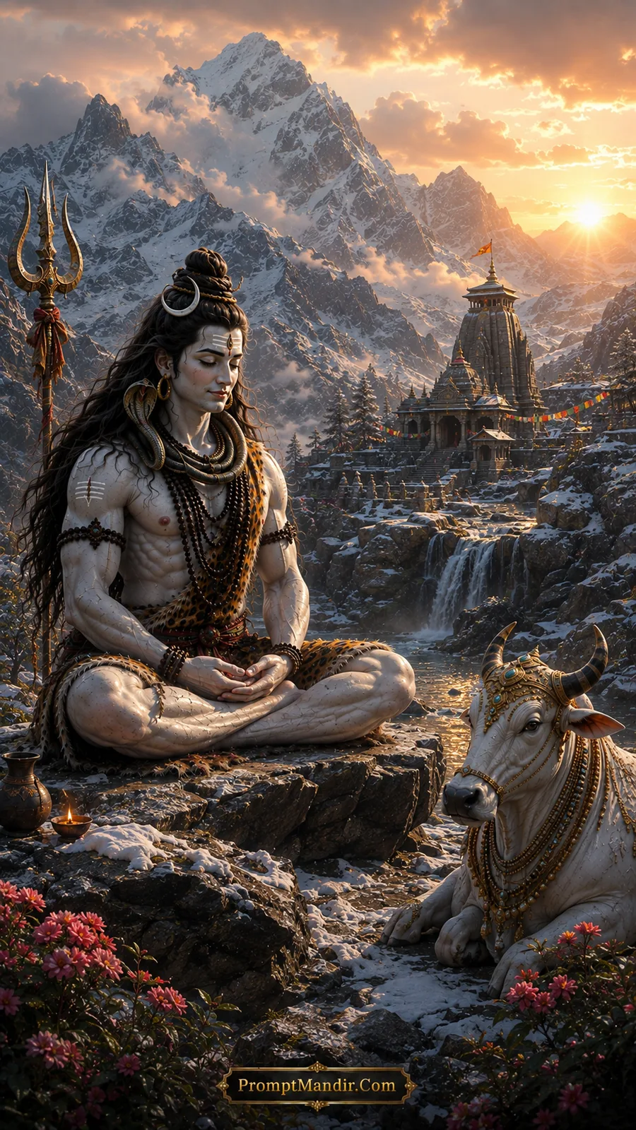 A giant Lord Shiva meditating in a snowy Himalayan landscape, with Nandi resting beside him and a temple in the background
