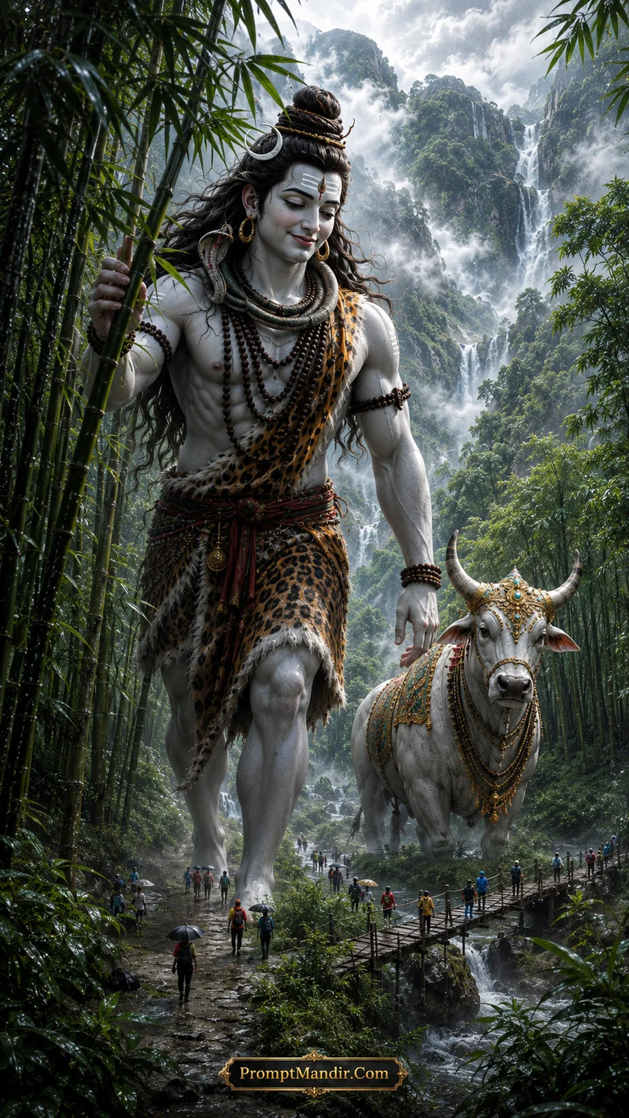 A giant Lord Shiva walking through a misty bamboo forest with Nandi, as tiny people follow on a path