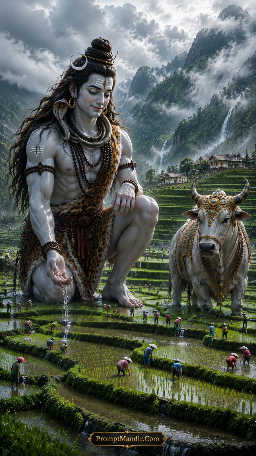 A giant Lord Shiva crouching in a rice terrace, gently touching the water, with Nandi beside him and tiny farmers working below