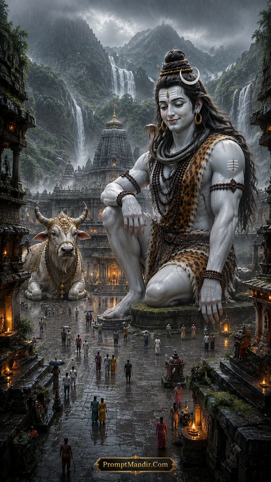 A giant Lord Shiva sitting in an ancient temple courtyard with Nandi, as tiny devotees walk through the rain and lit lamps