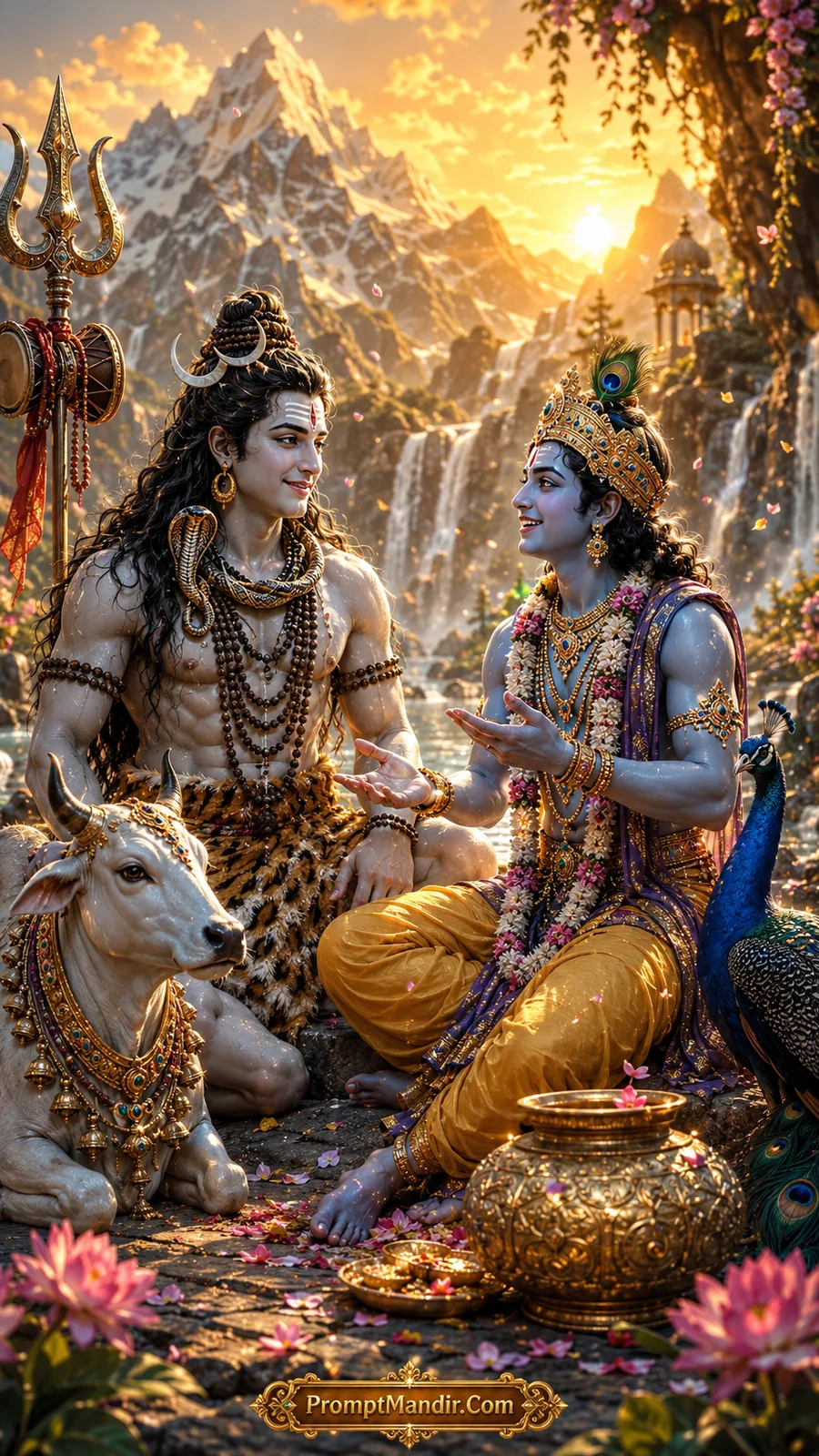 Lord Shiva and Lord Krishna sitting together on a rock in the Himalayas, engaged in a joyful conversation, with Nandi and a peacock nearby