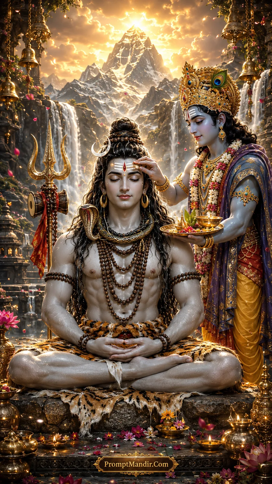 Lord Krishna standing behind meditating Shiva, gently applying a tilak to his forehead with a brass plate of offerings