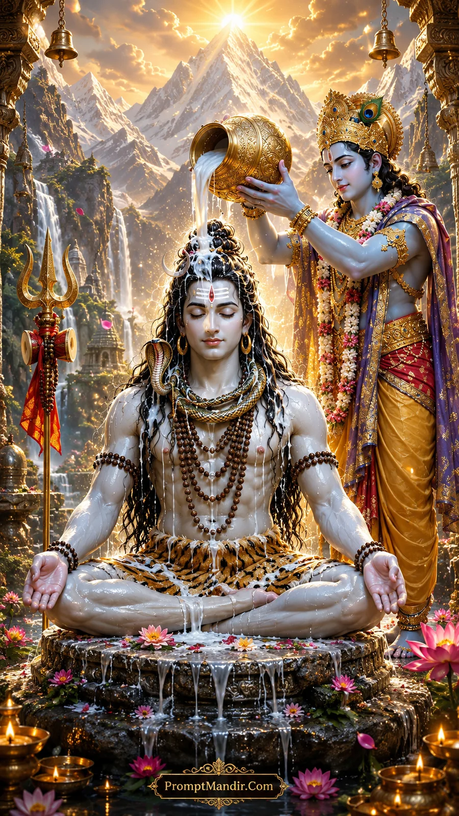 Lord Krishna pouring a stream of milk over meditating Shiva's head (Abhishek), with a golden pot and Mount Kailash in the background