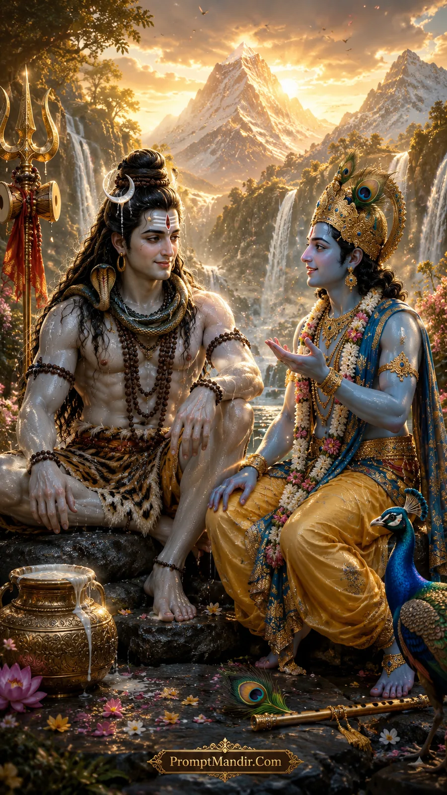 Lord Shiva and Lord Krishna sitting together on a rock, engaged in a conversation, with a golden kalash of milk and a peacock nearby
