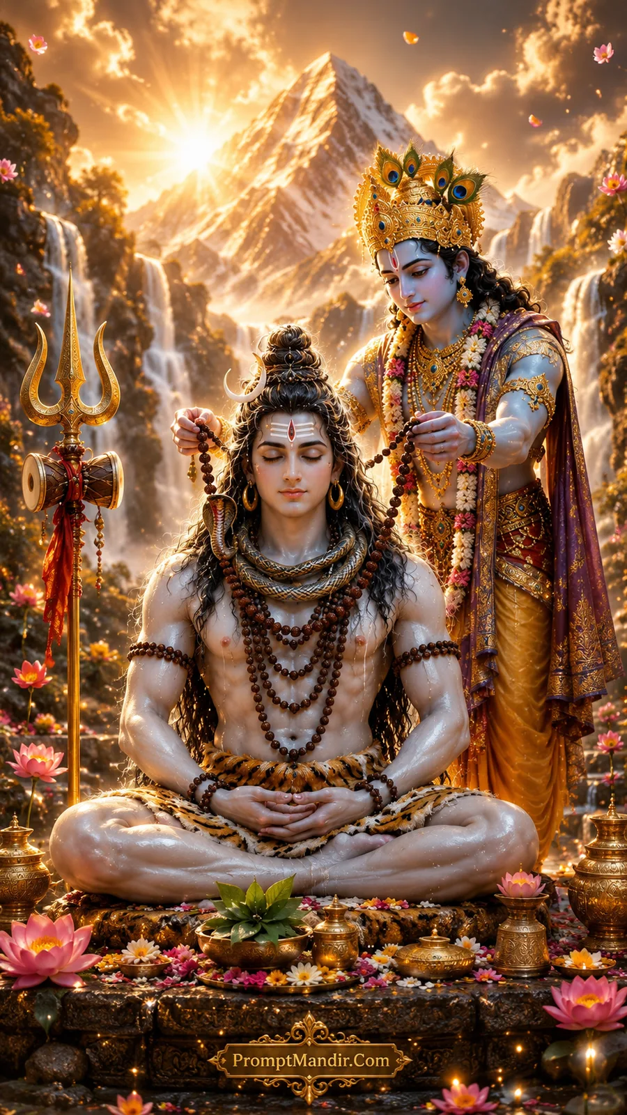 Lord Krishna standing behind meditating Shiva, placing a Rudraksha mala around his neck