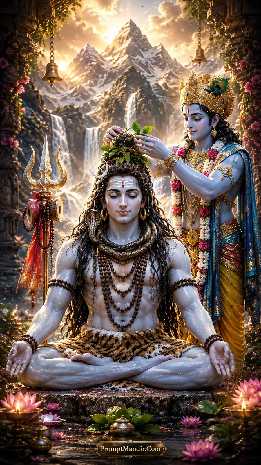 Lord Krishna standing behind meditating Shiva, placing green belpatra leaves and flowers on his head