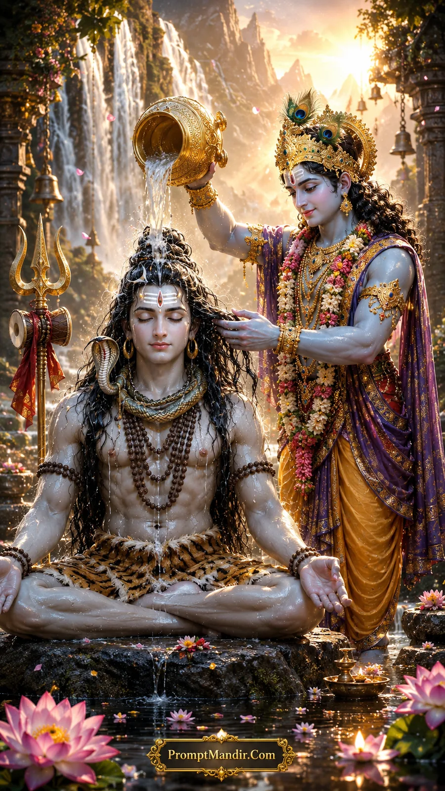 Lord Krishna pouring water over meditating Shiva's head (Abhishek) from a golden pot, with a lit diya and flowers nearby