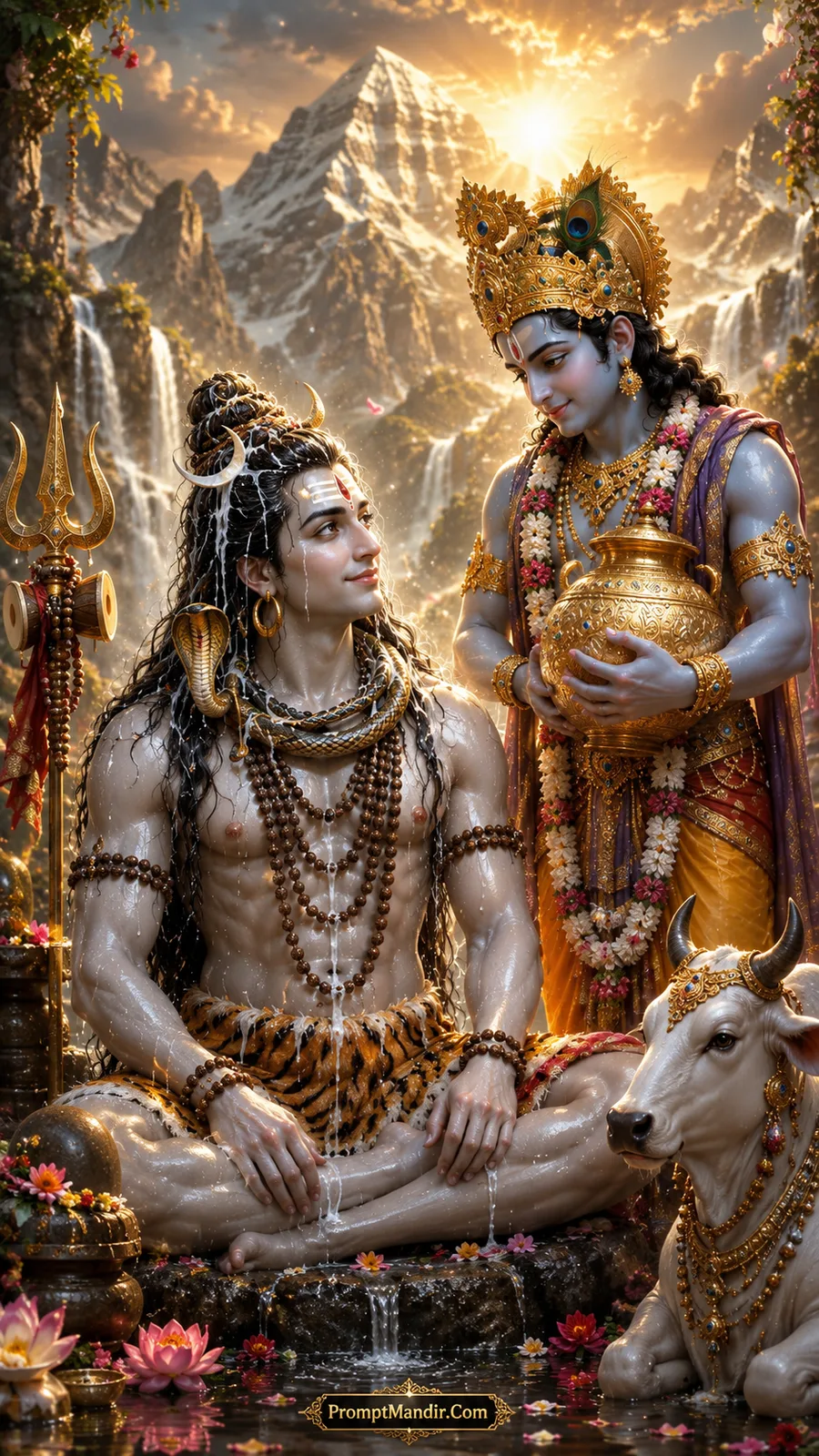 Lord Krishna standing beside meditating Shiva, holding a golden kalash of water, with Nandi and lotus flowers nearby