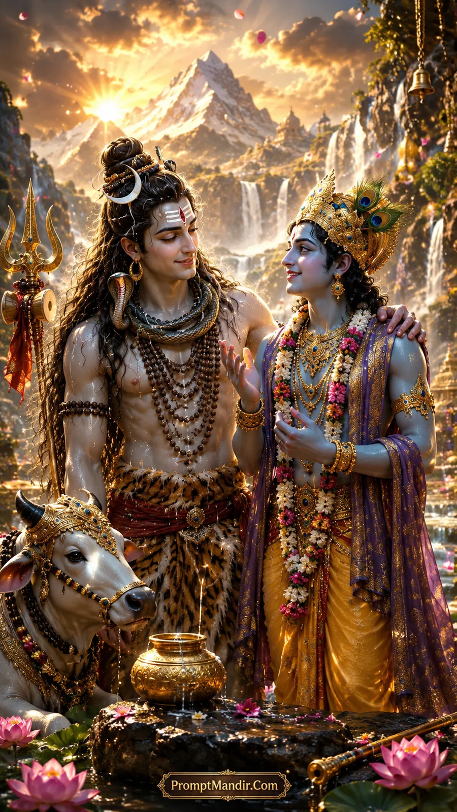 Lord Krishna placing his arm on Lord Shiva's shoulder while talking, with Nandi and a peacock nearby