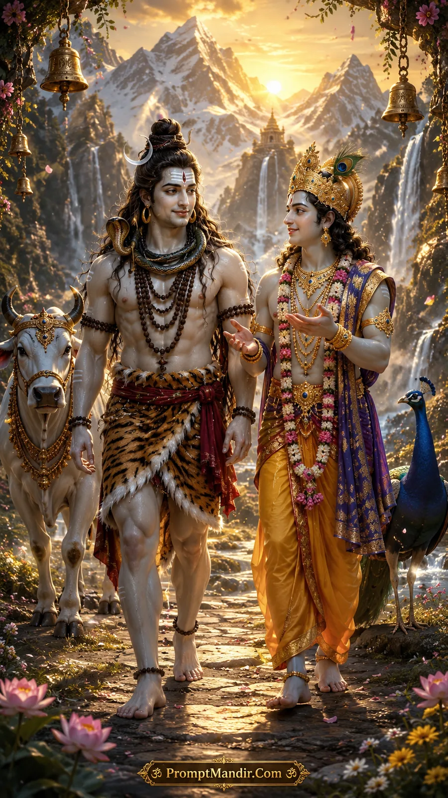 Lord Shiva and Lord Krishna walking side by side on a path in the Himalayas, with Nandi and a peacock following them