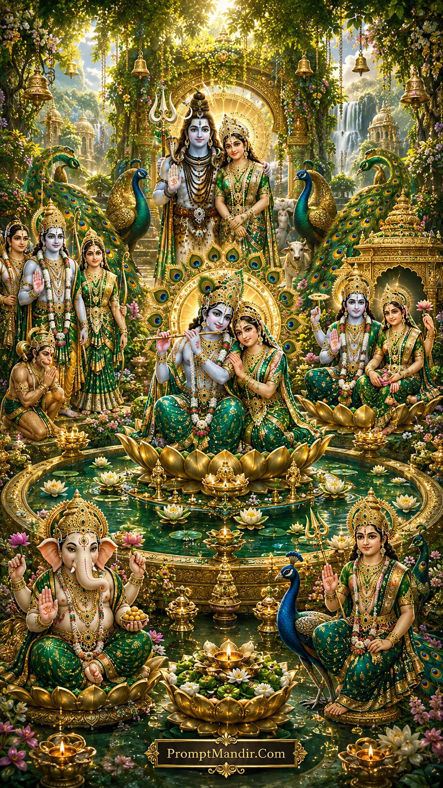 A grand assembly of Hindu deities including Shiva-Parvati, Vishnu-Lakshmi, Radha-Krishna, Ganesha, Kartikeya, and Ram-Sita-Hanuman, seated in a lush green and gold temple courtyard with Nandi, peacocks, and floating diyas.