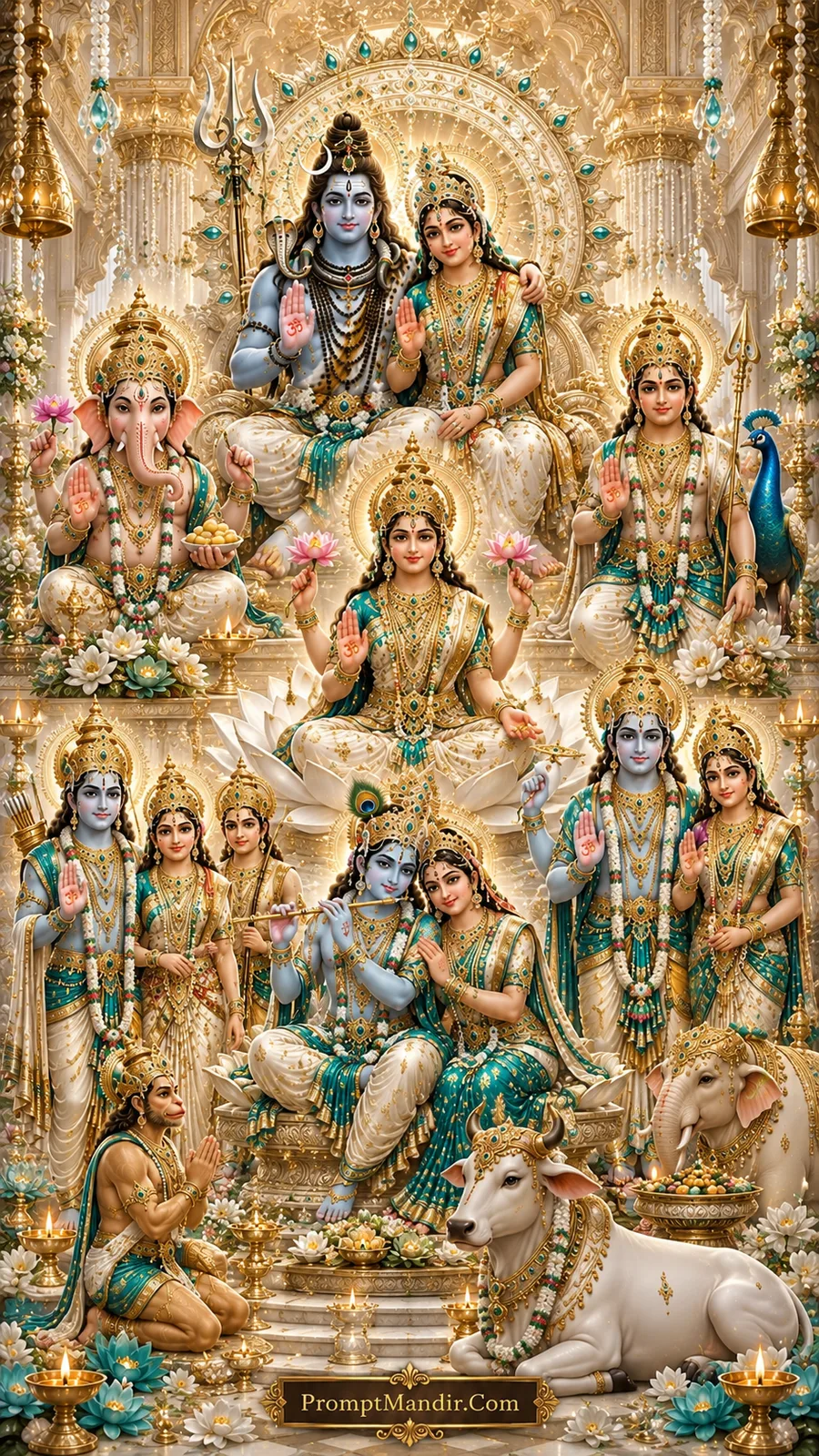A grand assembly of Hindu deities including Shiva-Parvati, Vishnu-Lakshmi, Radha-Krishna, Ganesha, Kartikeya, and Ram-Sita-Hanuman, seated in a pristine white and gold temple courtyard with Nandi, an elephant, and floating diyas.