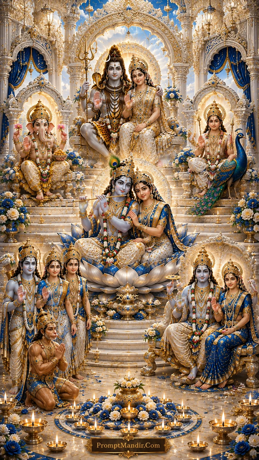 A grand assembly of Hindu deities including Shiva-Parvati, Vishnu-Lakshmi, Radha-Krishna, Ganesha, Kartikeya, and Ram-Sita-Hanuman, seated in a royal blue and gold temple courtyard with Nandi, an elephant, and floating diyas.