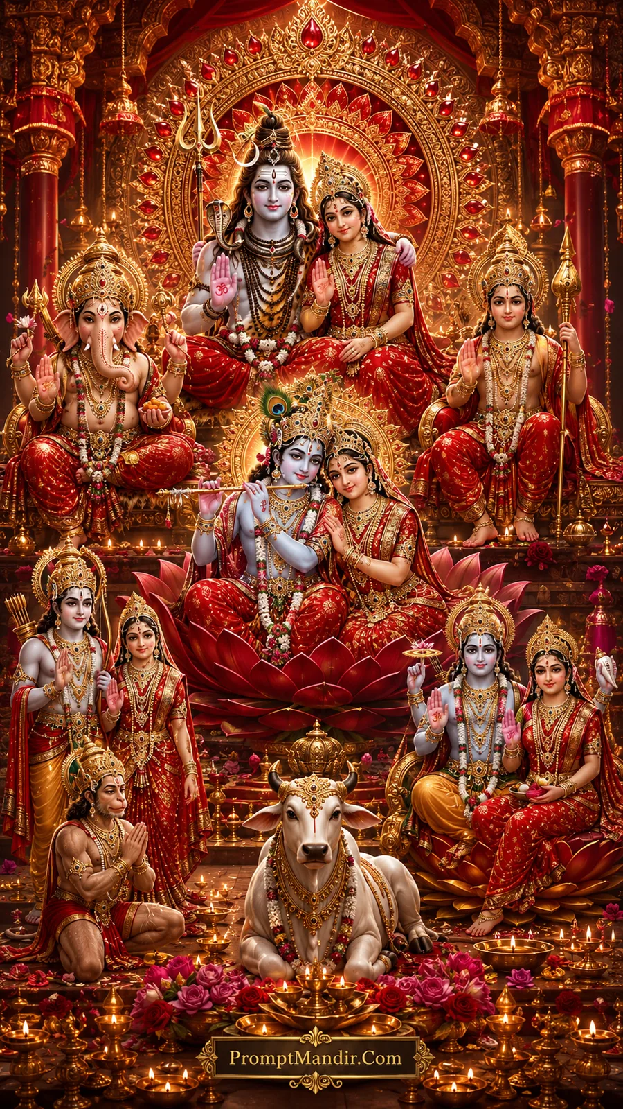 A grand assembly of Hindu deities including Shiva-Parvati, Vishnu-Lakshmi, Radha-Krishna, Ganesha, Kartikeya, and Ram-Sita-Hanuman, seated in a rich red and gold temple courtyard with Nandi, an elephant, and floating diyas.