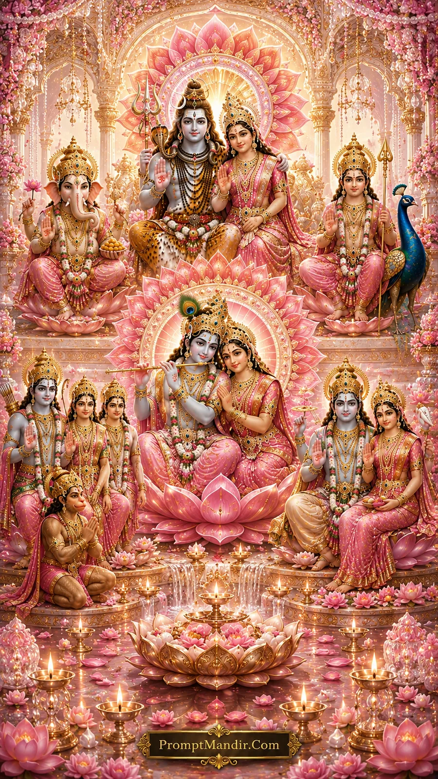 A grand assembly of Hindu deities including Shiva-Parvati, Vishnu-Lakshmi, Radha-Krishna, Ganesha, Kartikeya, and Ram-Sita-Hanuman, seated in a soft pink and gold temple courtyard with Nandi, an elephant, and floating diyas.