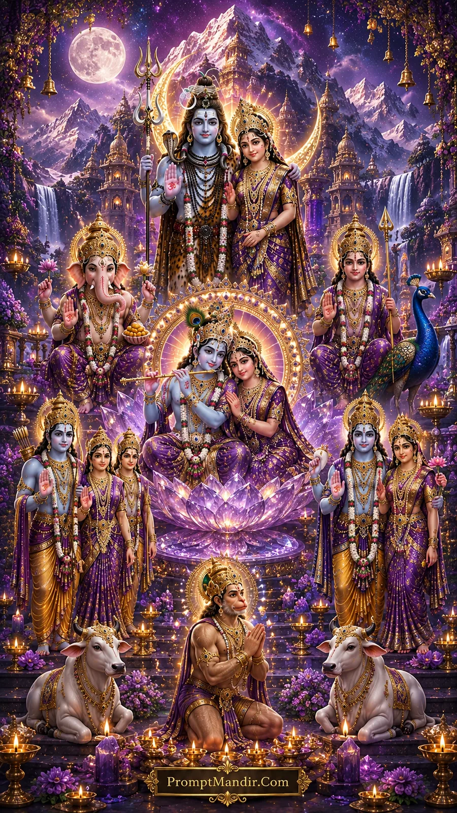 A grand assembly of Hindu deities including Shiva-Parvati, Vishnu-Lakshmi, Radha-Krishna, Ganesha, Kartikeya, and Ram-Sita-Hanuman, seated in a rich purple and blue temple courtyard with Nandi, an elephant, and floating diyas.
