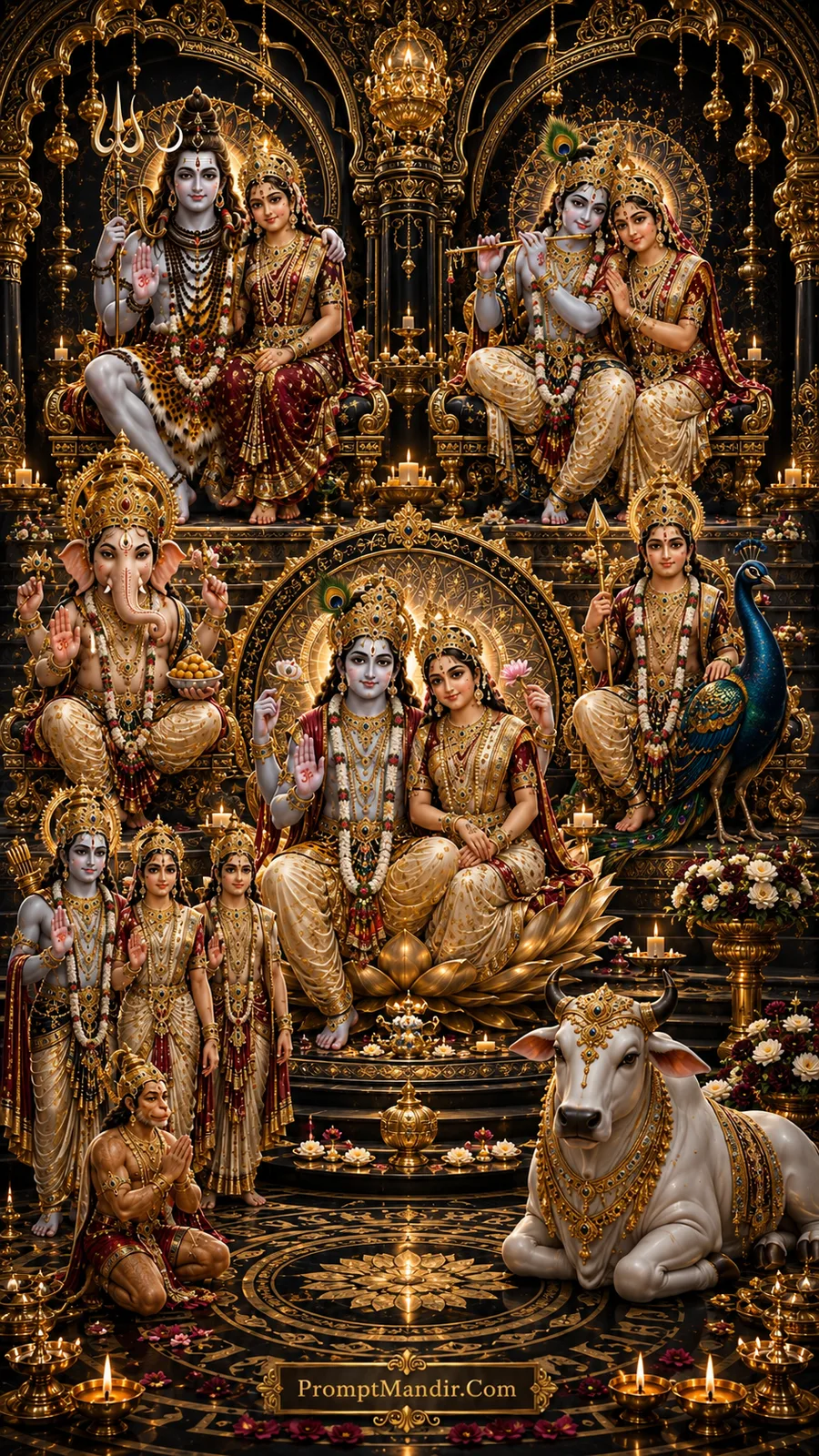 A grand assembly of Hindu deities including Shiva-Parvati, Vishnu-Lakshmi, Radha-Krishna, Ganesha, Kartikeya, and Ram-Sita-Hanuman, seated in a luxurious black and gold temple courtyard with Nandi, an elephant, and floating diyas.