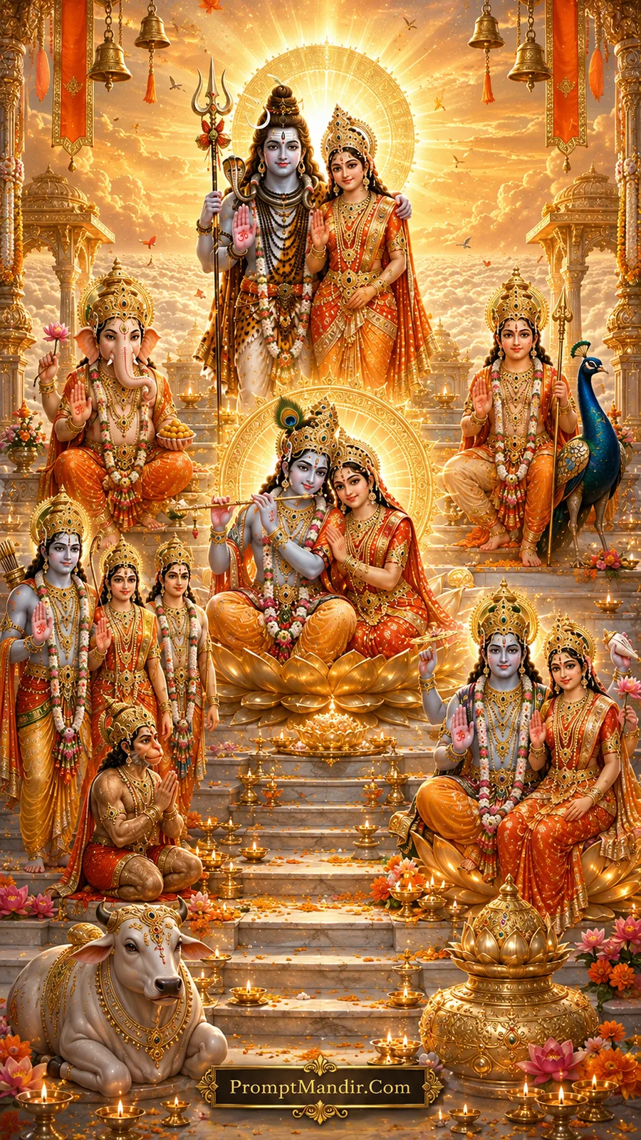 A grand assembly of Hindu deities including Shiva-Parvati, Vishnu-Lakshmi, Radha-Krishna, Ganesha, Kartikeya, and Ram-Sita-Hanuman, seated in a vibrant orange and gold temple courtyard with Nandi, an elephant, and floating diyas.