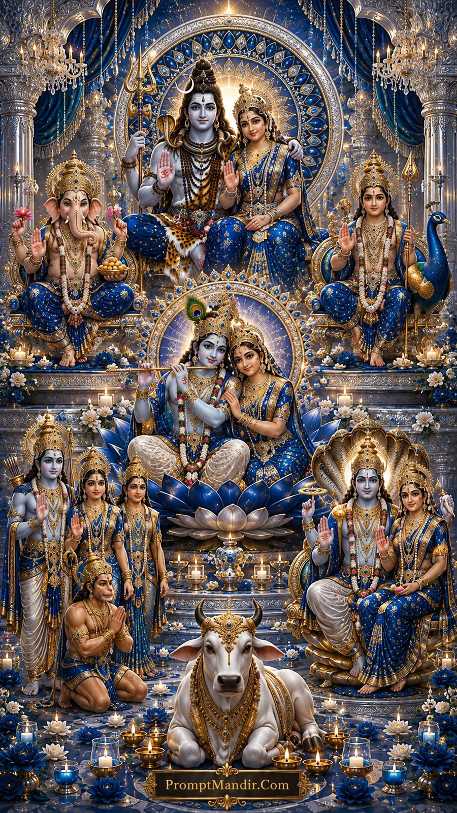 A grand assembly of Hindu deities including Shiva-Parvati, Vishnu-Lakshmi, Radha-Krishna, Ganesha, Kartikeya, and Ram-Sita-Hanuman, seated in a deep blue and gold temple courtyard with Nandi, an elephant, and floating diyas.