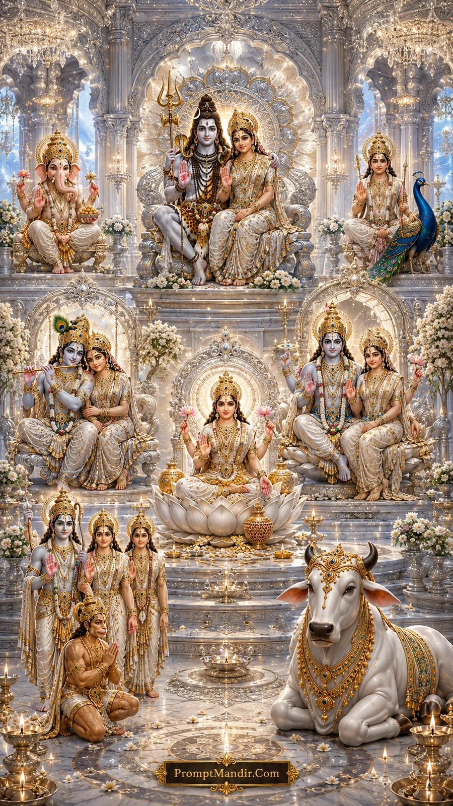 A grand assembly of Hindu deities including Shiva-Parvati, Vishnu-Lakshmi, Radha-Krishna, Ganesha, Kartikeya, and Ram-Sita-Hanuman, seated in a pristine white and silver temple courtyard with Nandi, an elephant, and floating diyas.
