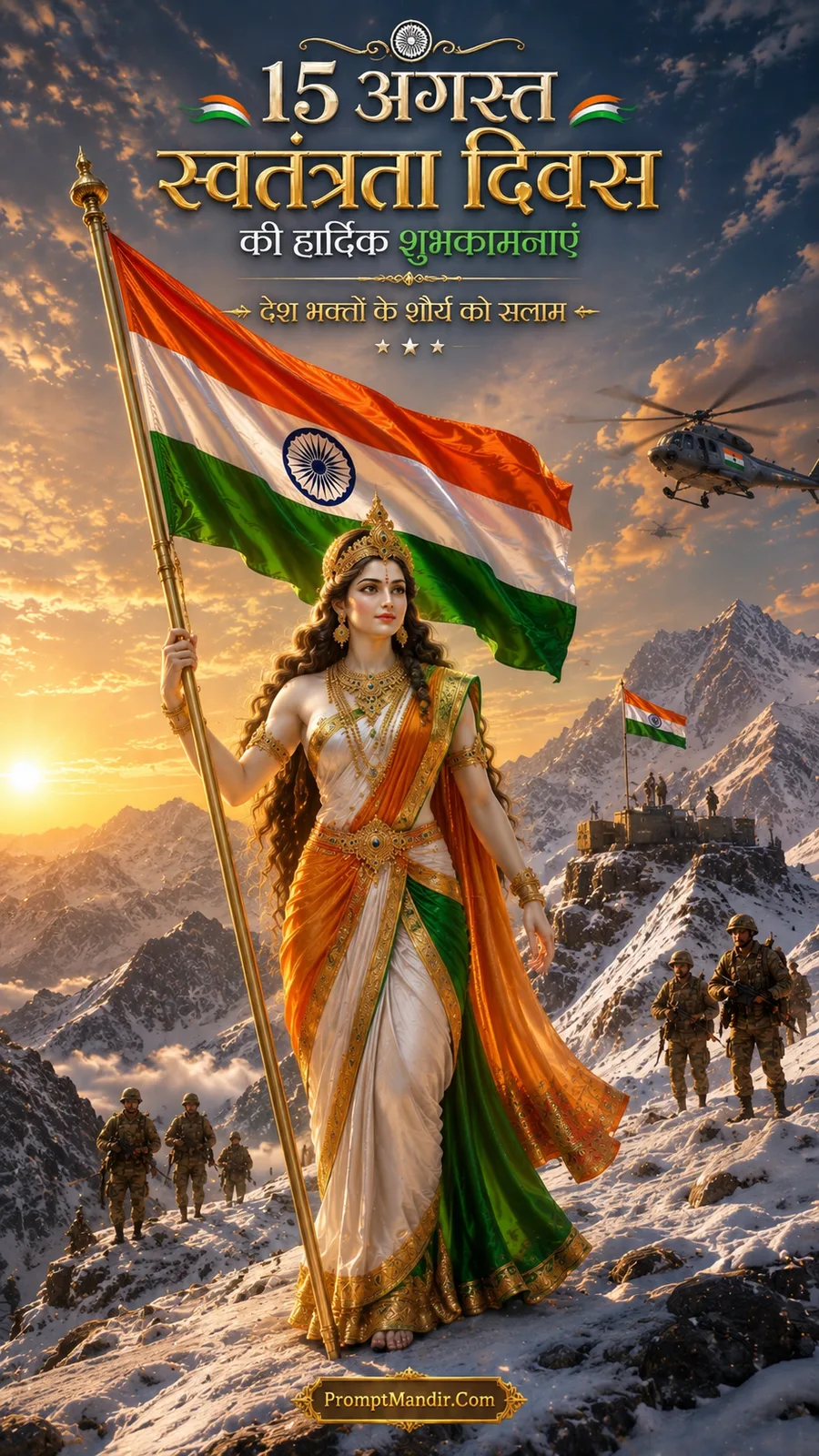 Bharat Mata standing proudly on a snowy Himalayan peak, holding the Indian Tricolour flag, with soldiers and a helicopter in the background