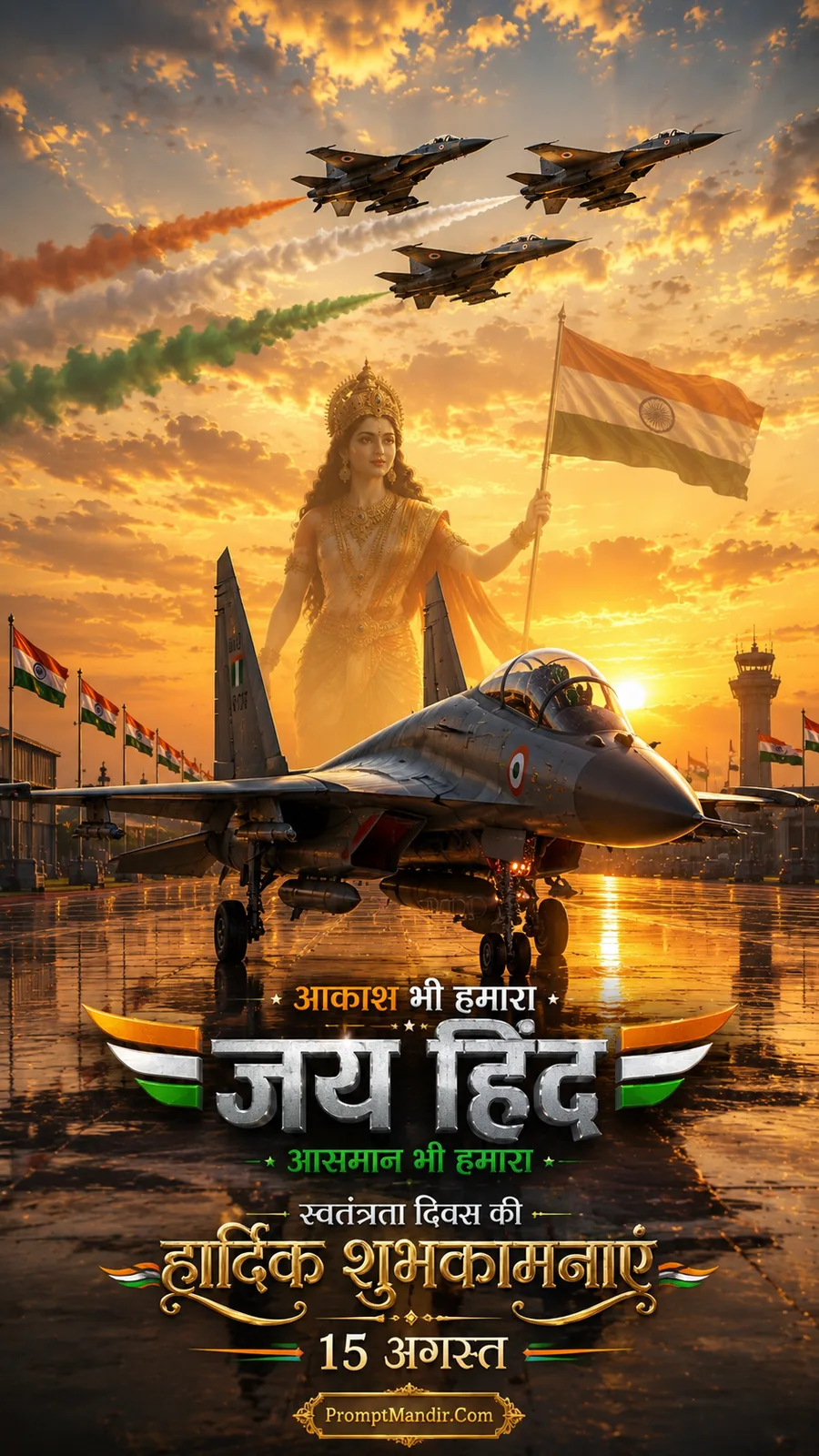 Bharat Mata standing in an airbase at sunrise, holding the Indian flag, with fighter jets performing a flypast