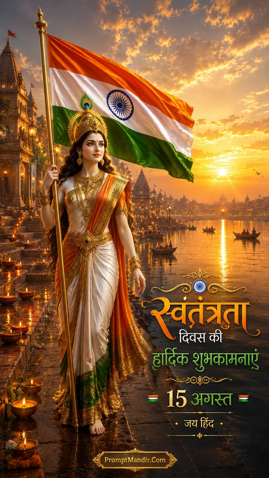 Bharat Mata standing on the steps of a river ghat at sunset, holding the Indian flag, with floating diyas and a temple in the background