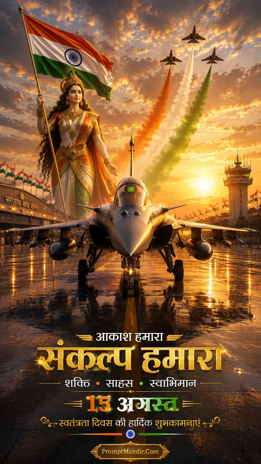 Bharat Mata standing in an airbase at sunrise, holding the Indian flag, with fighter jets flying overhead