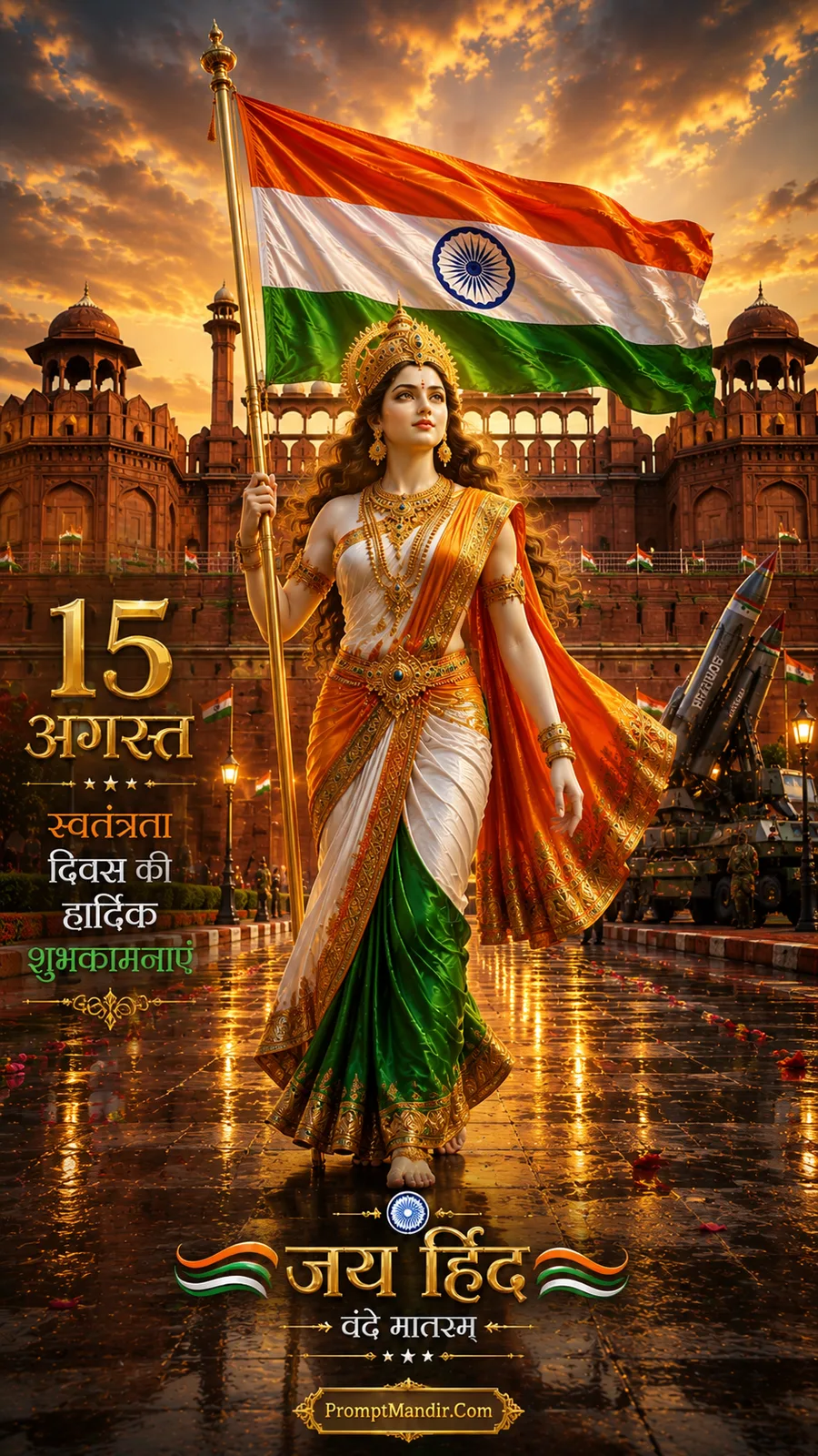 Bharat Mata walking proudly in front of the Red Fort at sunrise, holding the Indian flag, with military vehicles nearby
