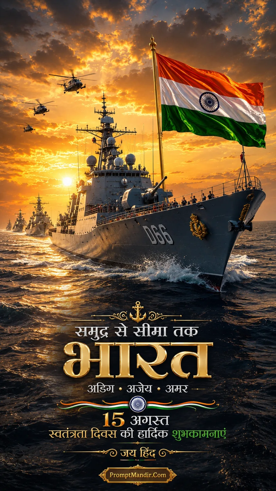 An Indian Navy warship sailing on the ocean at sunset, with the Indian flag flying high and helicopters overhead