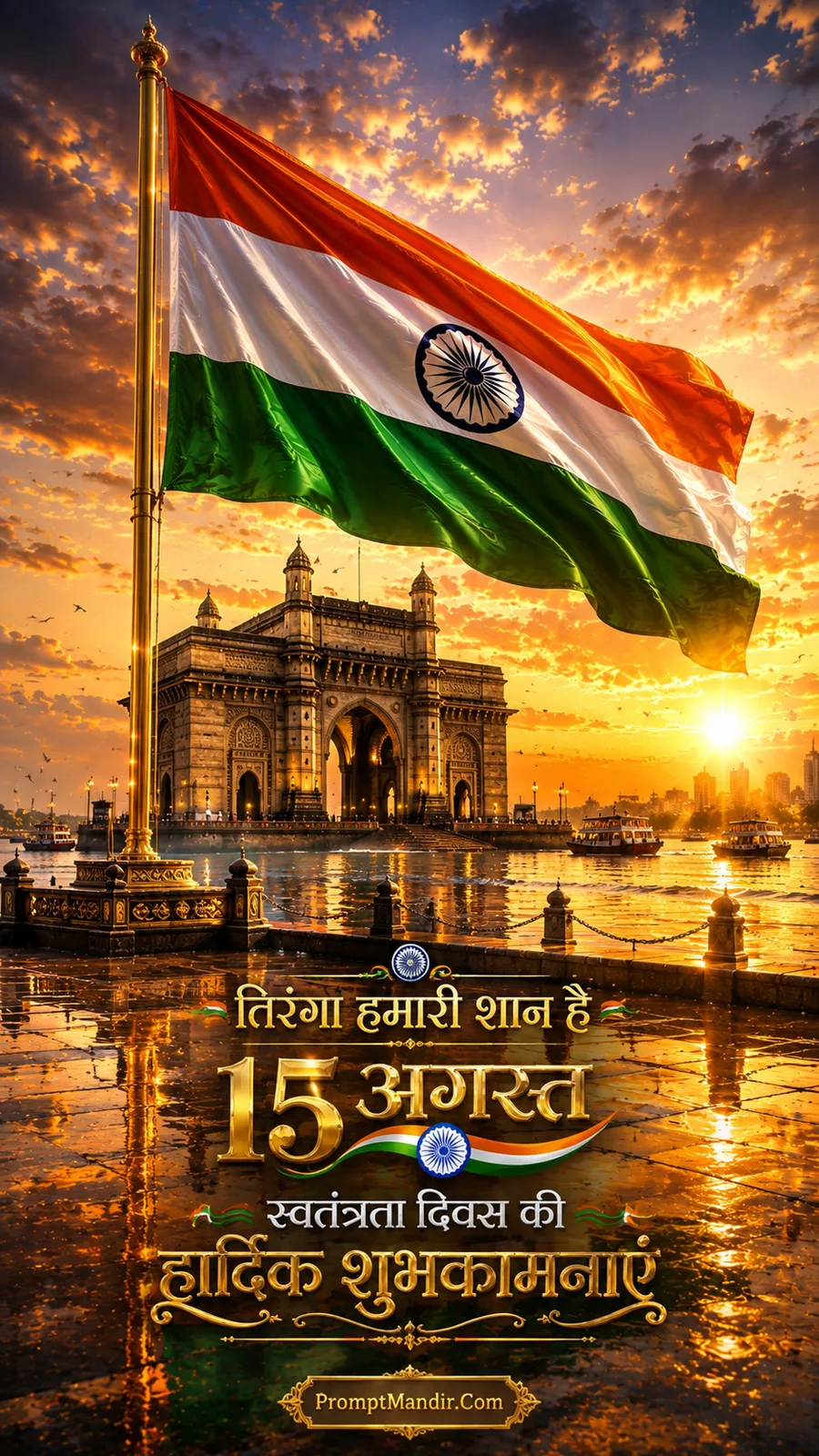 The Gateway of India at sunrise, with the Indian flag flying high on a golden flagpole, and the Tricolour waving proudly