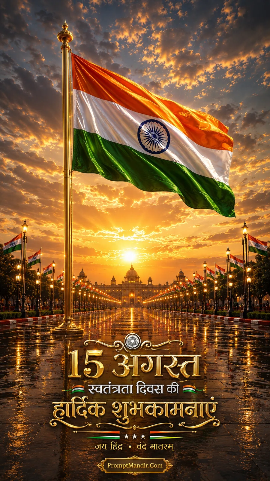 Kartavya Path in New Delhi at sunrise, with the Indian flag flying high on a golden flagpole, and the government buildings in the background