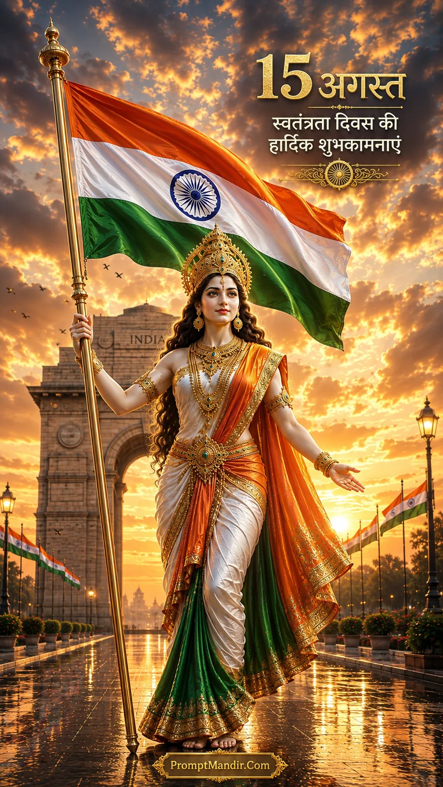 Bharat Mata standing proudly in front of India Gate at sunrise, holding the Indian flag