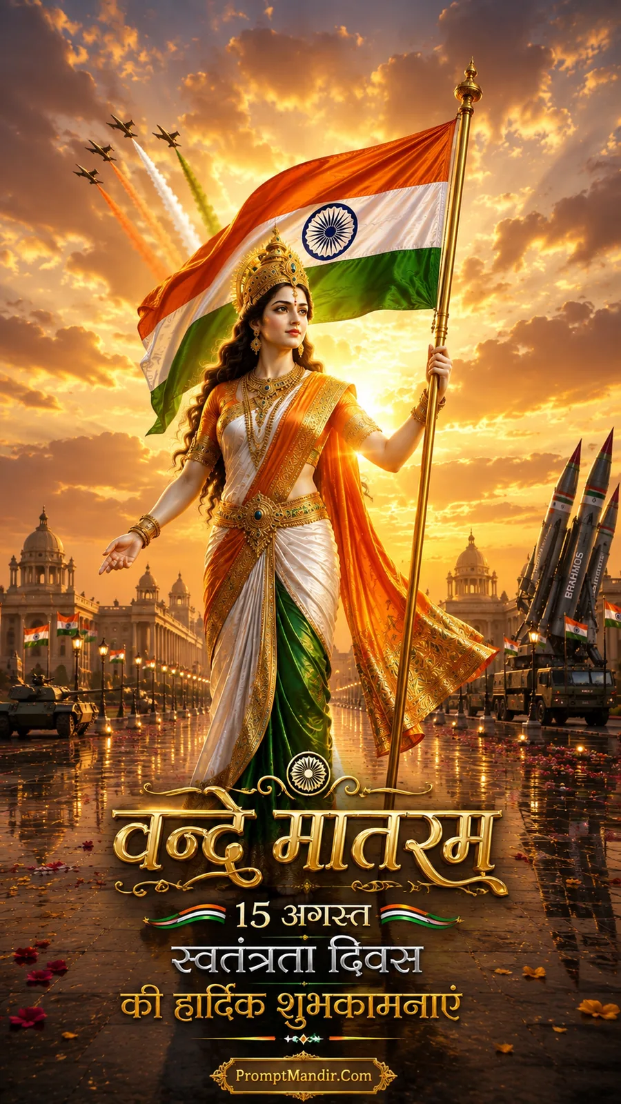 Bharat Mata standing proudly at sunrise, holding the Indian flag, with fighter jets flying overhead and BrahMos missiles in the background