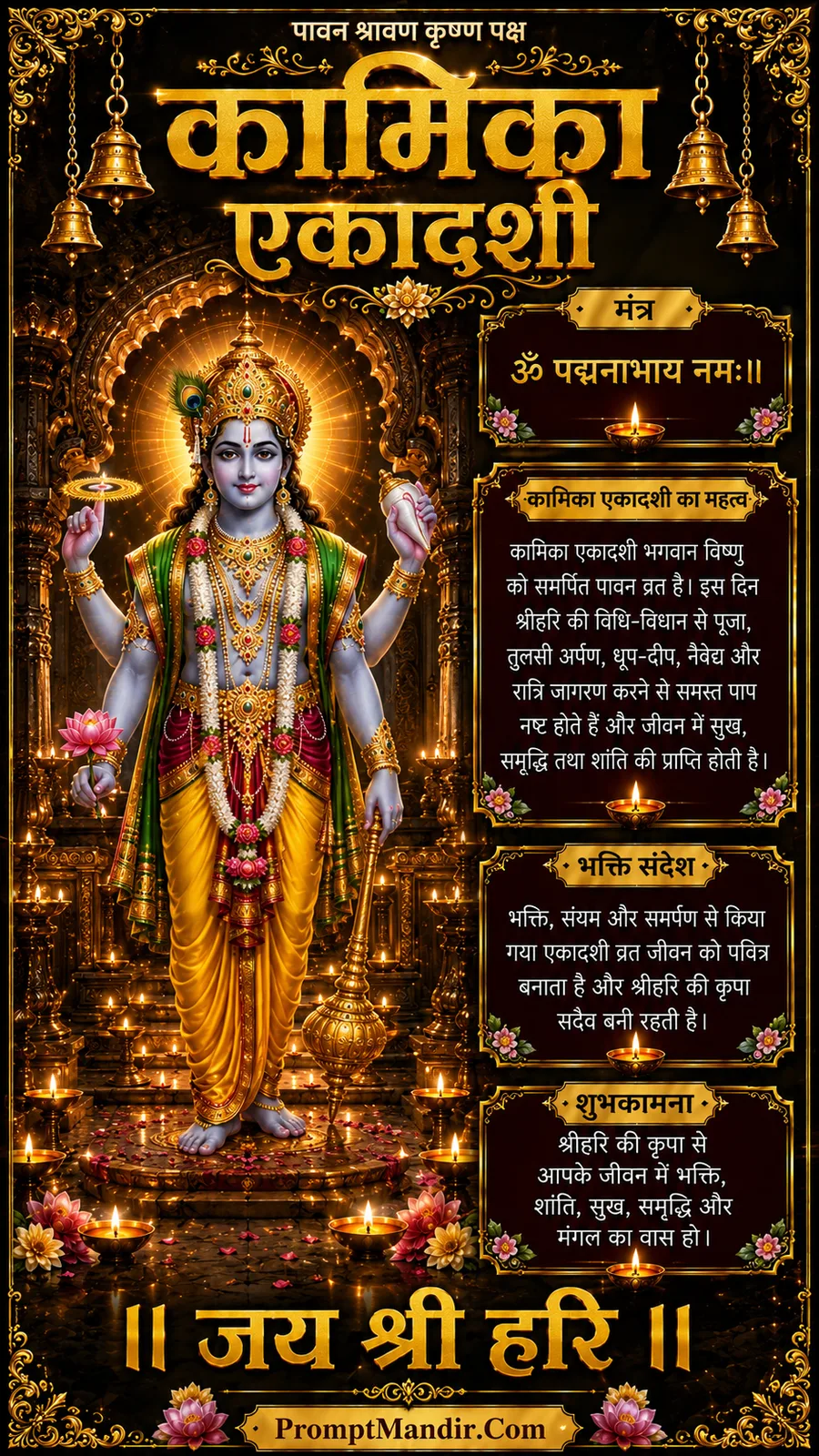 Lord Vishnu standing in a grand temple, holding a disc, conch, lotus, and mace, with a glowing halo and lit diyas, celebrating Kamika Ekadashi