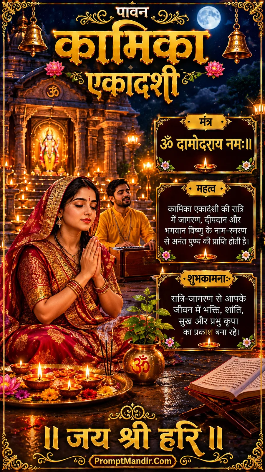 A devotee praying with folded hands in a temple at night, with a man playing a harmonium, celebrating Kamika Ekadashi Jagran