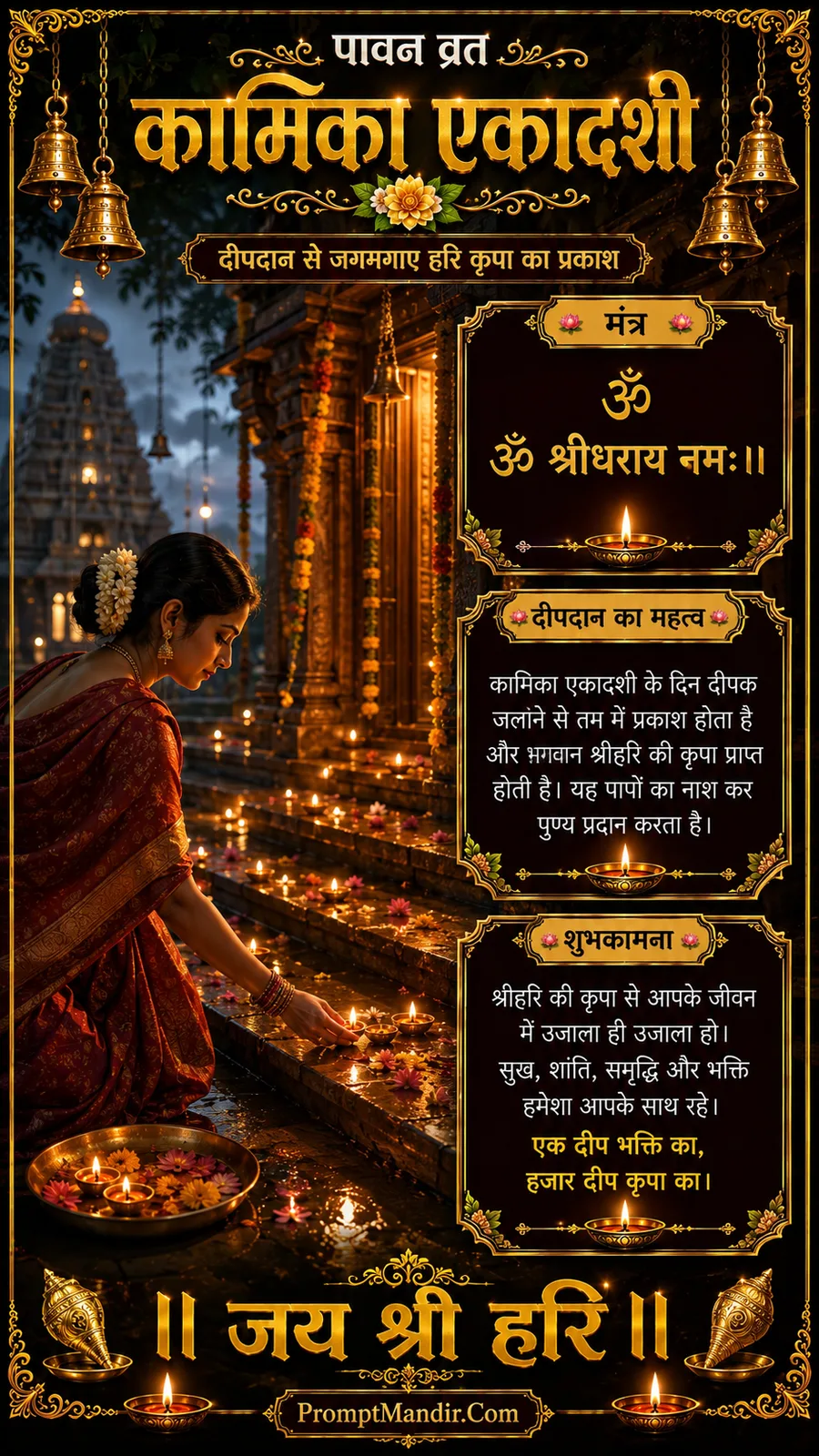 A devotee placing a lit diya on the steps of a temple at night, with a shankha and lotus motifs, celebrating Kamika Ekadashi
