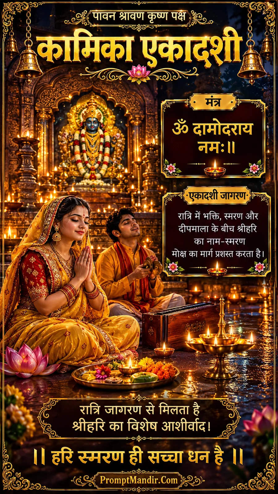A couple praying and singing bhajans during a night Jagran, with a harmonium and lit diyas, celebrating Kamika Ekadashi