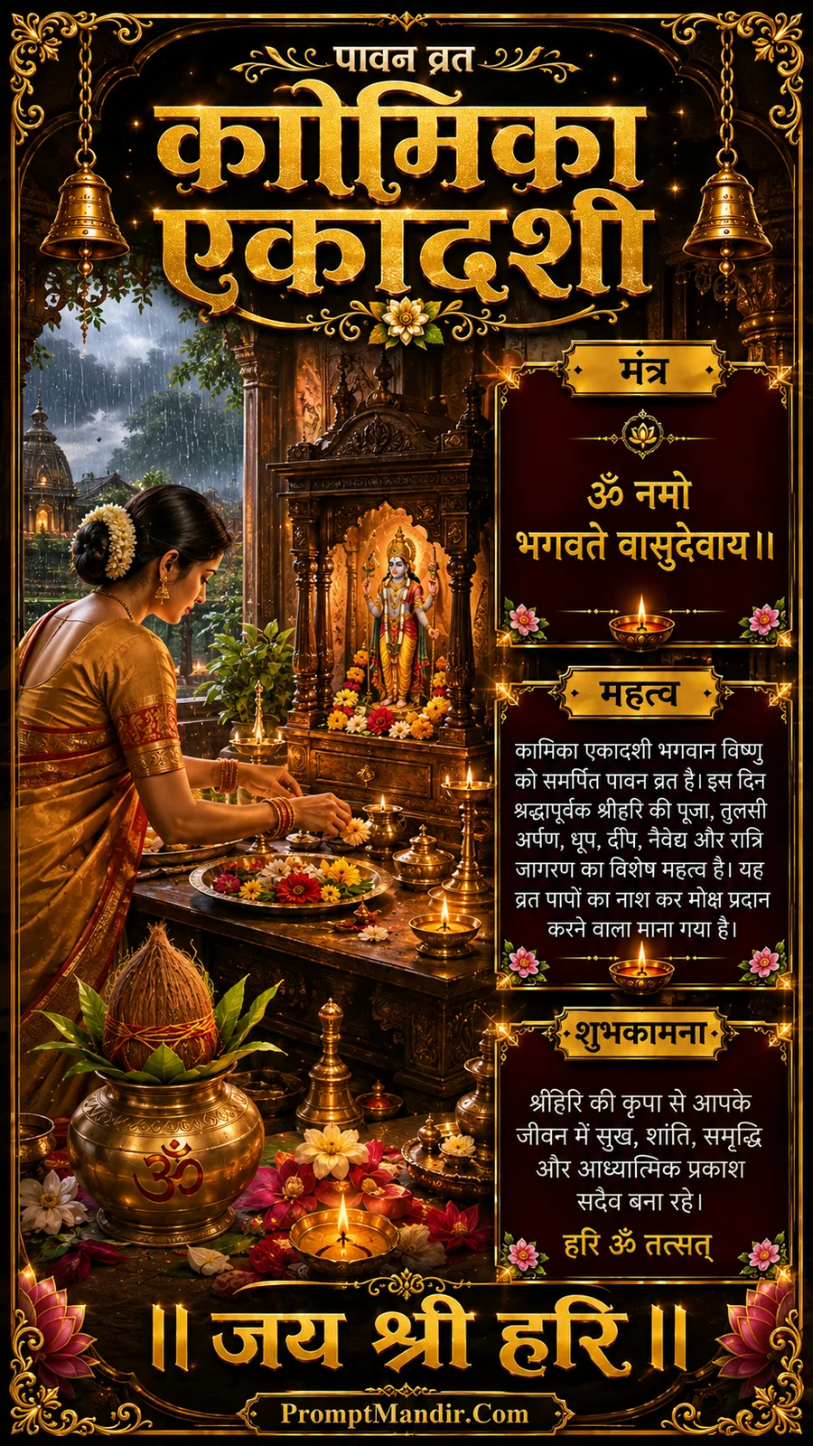 A devotee offering aart and flowers to Lord Vishnu's idol at a home temple on the morning of Kamika Ekadashi