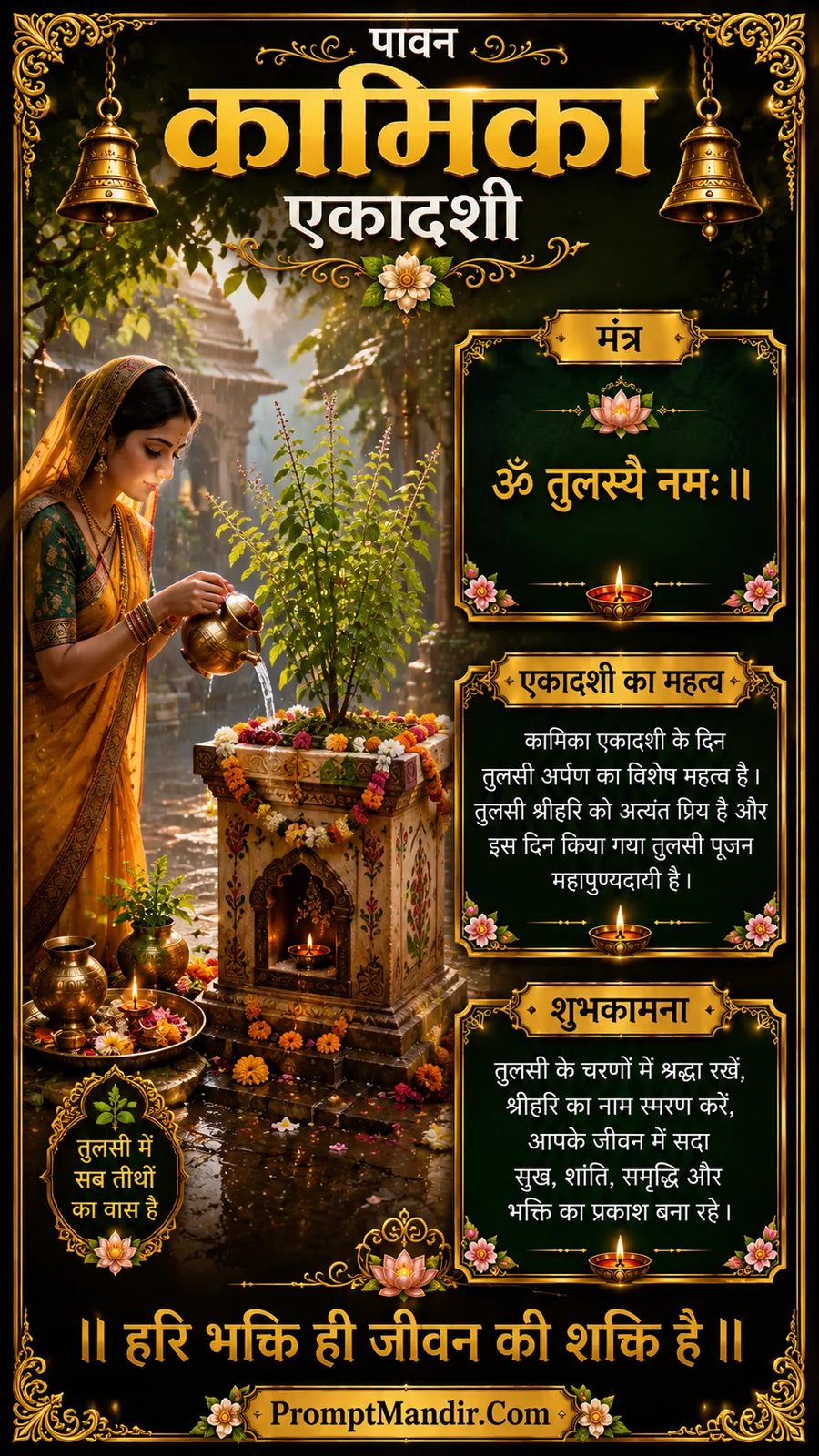 A devotee watering a Tulsi plant at sunrise, celebrating the importance of Tulsi on Kamika Ekadashi
