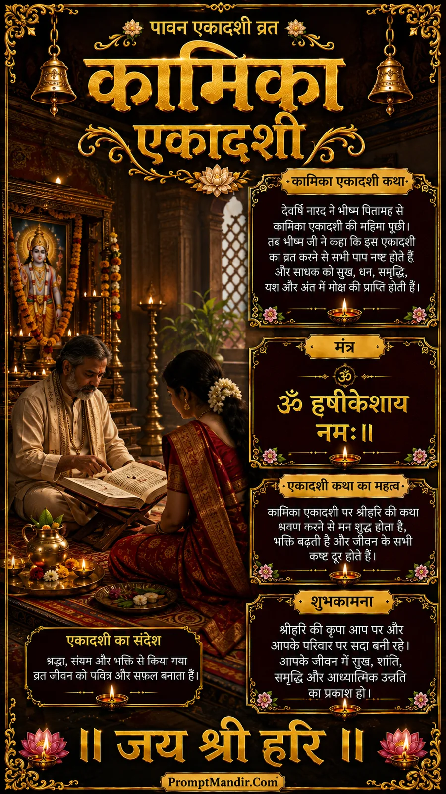 An elderly priest reading the Kamika Ekadashi Katha from a book to a devotee in a temple at night