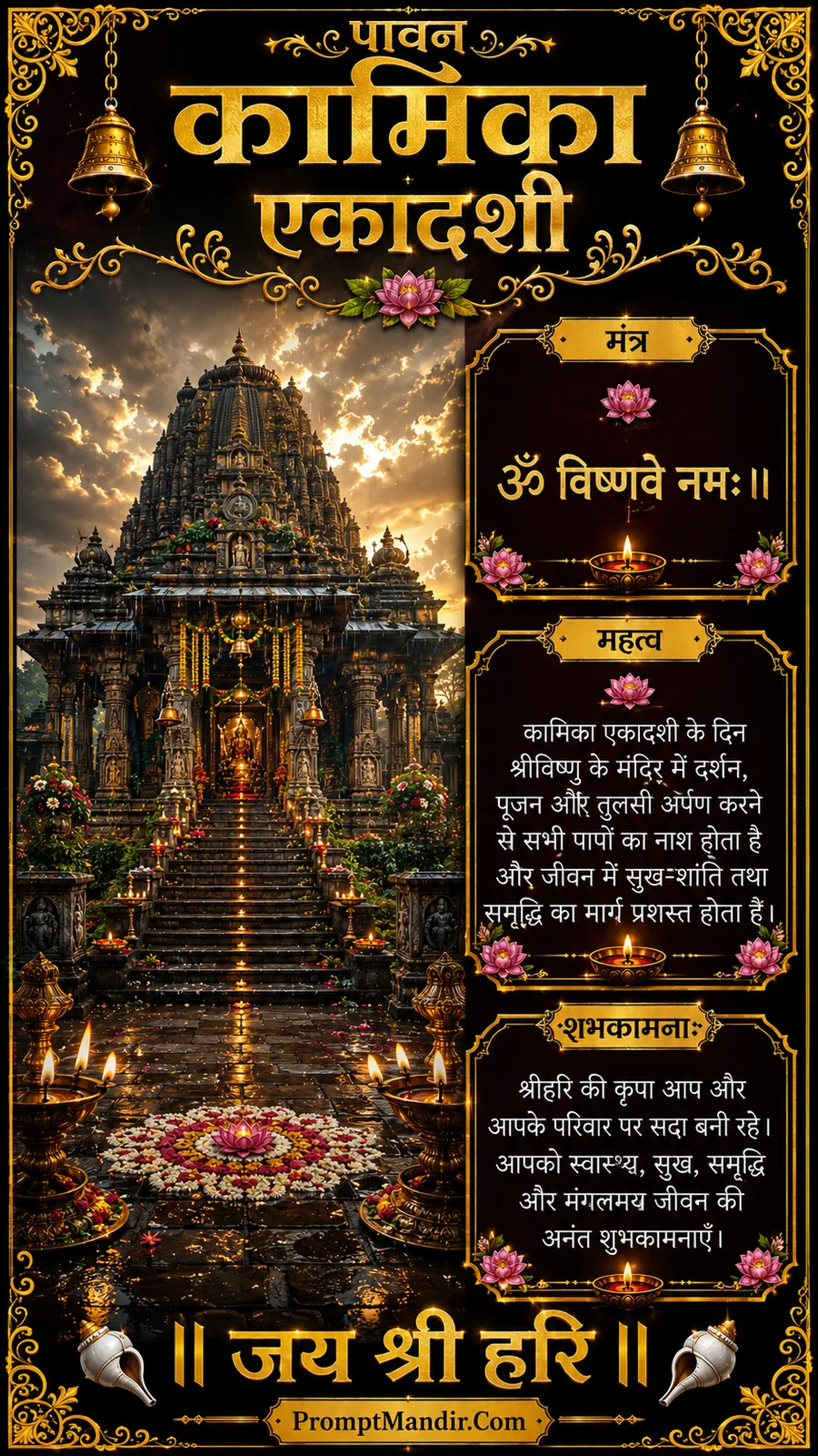 A grand temple at sunrise, with lit diyas and a large floral rangoli, celebrating the sacredness of Kamika Ekadashi