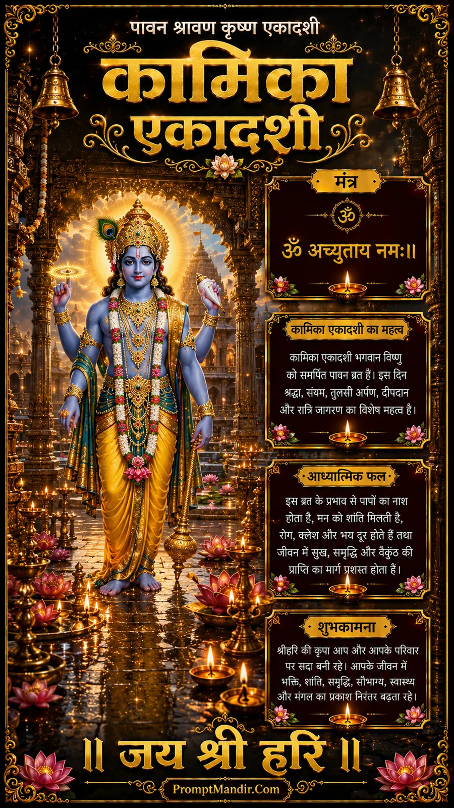 Lord Vishnu standing in a temple, blessing with his hand, surrounded by lit diyas and flower petals, celebrating Kamika Ekadashi