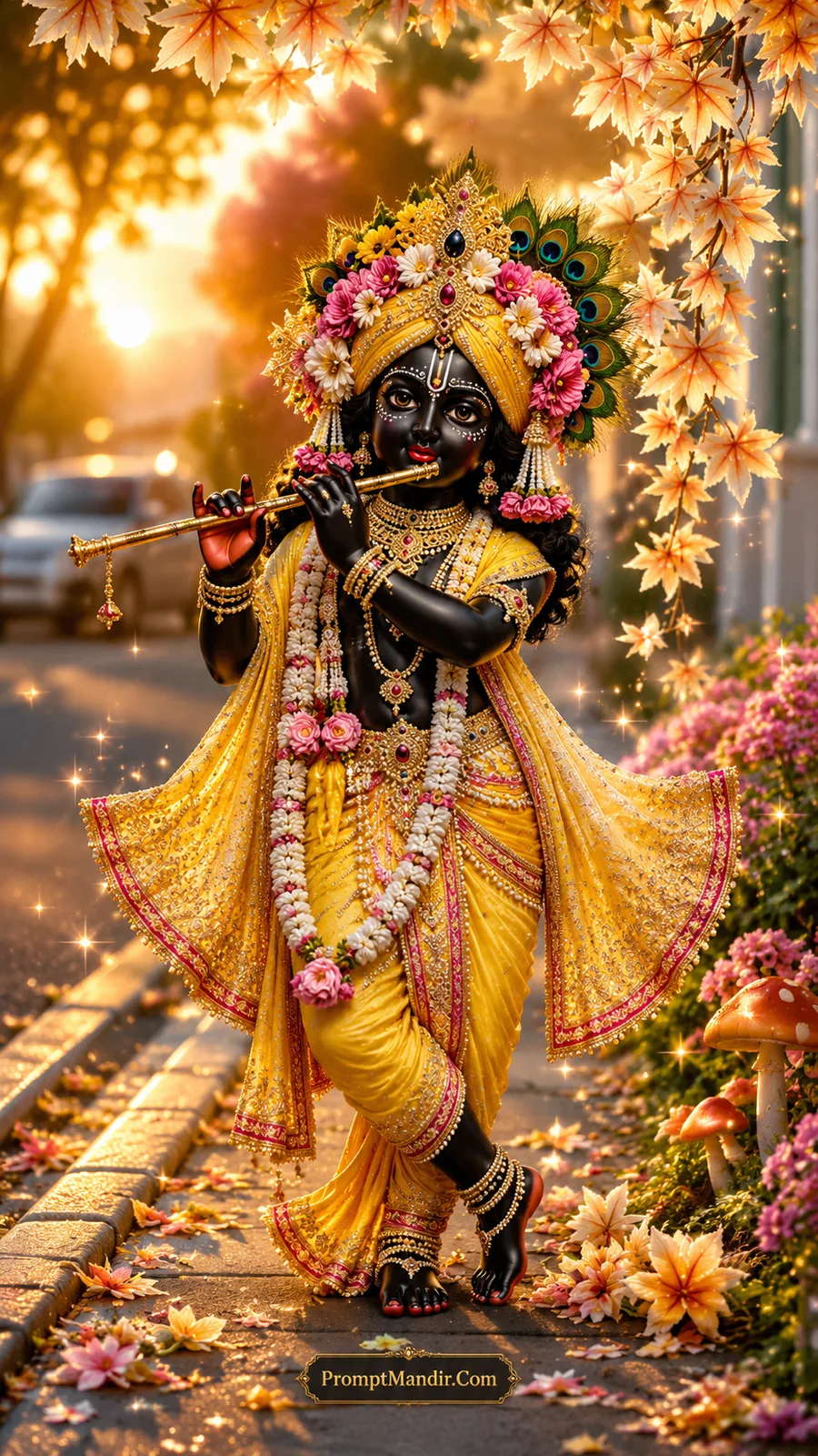 Dark-skinned Lord Krishna playing a golden flute in his signature tribhangi pose, wearing a yellow dhoti, with pink and white flowers in his crown and autumn leaves on the ground.