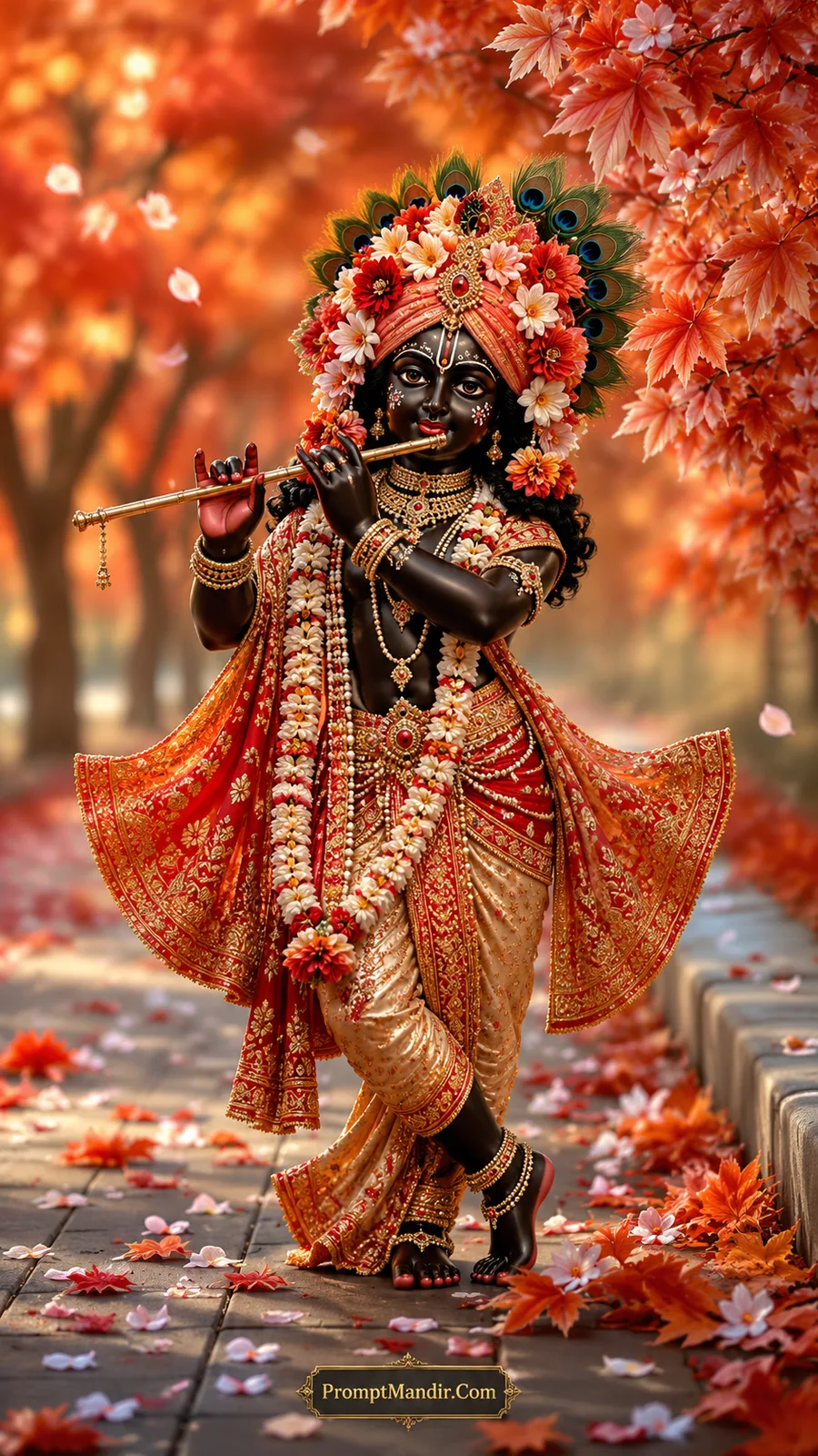 Dark-skinned Lord Krishna playing a golden flute in his signature tribhangi pose, wearing an orange and red dhoti, with red and white flowers in his crown and autumn leaves on the ground.