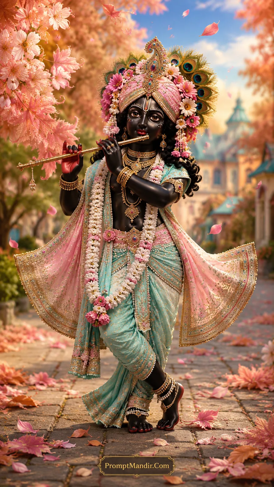 Dark-skinned Lord Krishna playing a golden flute in his signature tribhangi pose, wearing a light blue dhoti with pink accents, with pink and white flowers in his crown and pink petals on the ground.