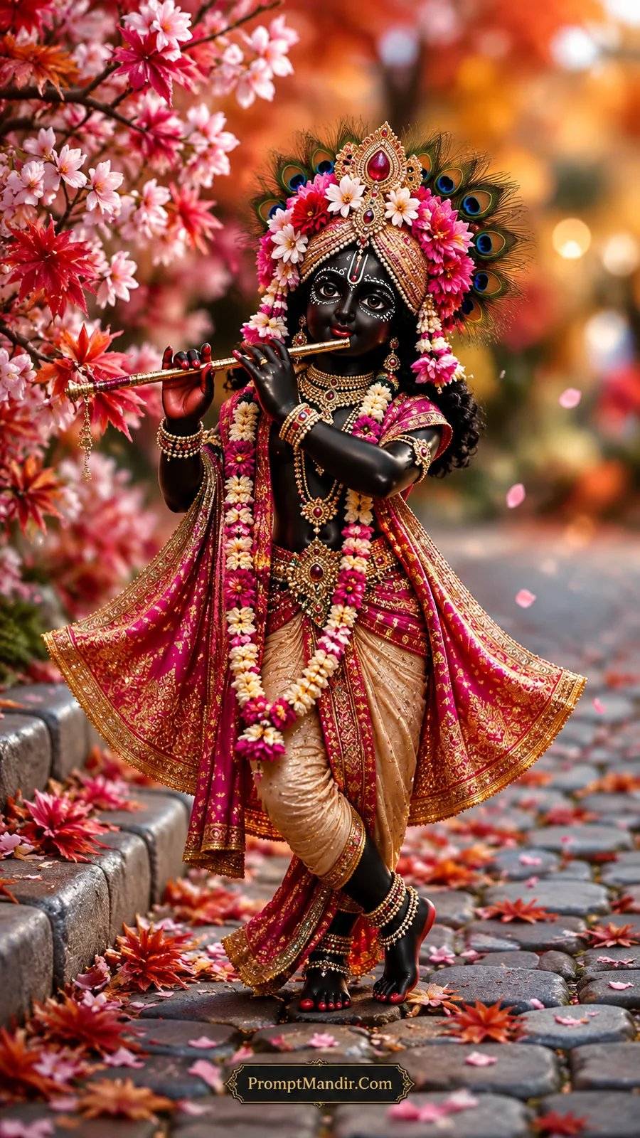 Dark-skinned Lord Krishna playing a golden flute in his signature tribhangi pose, wearing a deep pink and red dhoti, with pink and yellow flowers in his crown and pink petals on the ground.